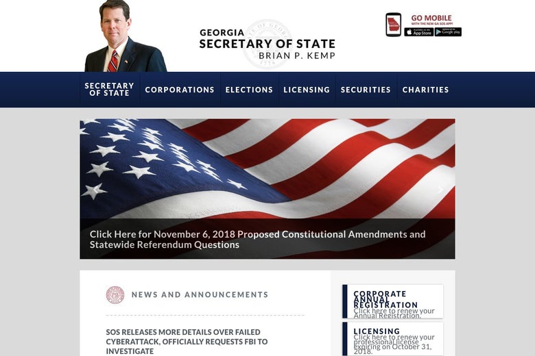 Screenshot of sos.ga.gov on Nov. 4, 2018 shows headline "SOS RELEASES MORE DETAILS OVER FAILED CYBERATTACK, OFFICIALLY REQUESTS FBI TO INVESTIGATE"